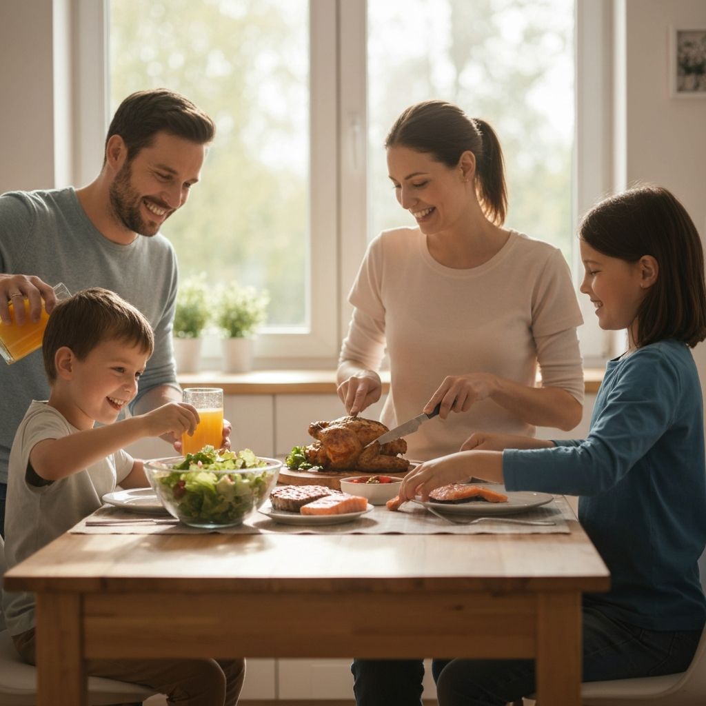 Perhe nauttii terveellisestä ruoasta yhdessä